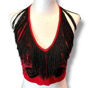 Vintage MOSCHINO FRINGE TOP 1990s Sz 6 Embroidered Roses Knit Italy GORGEOUS